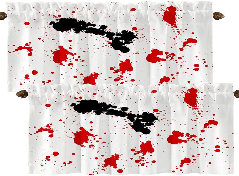 Photo 1 of BaoNews Abstract Art Artistic Kitchen Valances Half Window Curtain, Blood Splatter On Black Blackout Decoration Small Window Valances Curtains Drapes for Kitchen Bedroom, 52 X 18 Inch Set of 2

