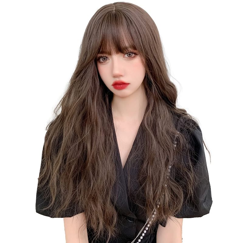 Photo 1 of 7JHH WIG Long Curly Wigs with Bangs for Women Natural dark brown Synthetic Wig for Daily Life and Girls Cosplay Loose Water Wave 27 Inch

