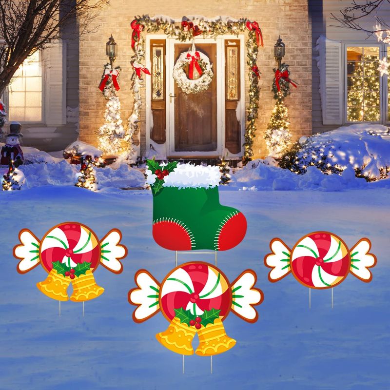 Photo 1 of Christmas Yard Signs with Stakes Outdoor Decorations - 49 Inch Xmas Large Canddy Plastic Christmas Decor Signs for Home Lawn Pathway Walkway Themed Party 2 PACK 
