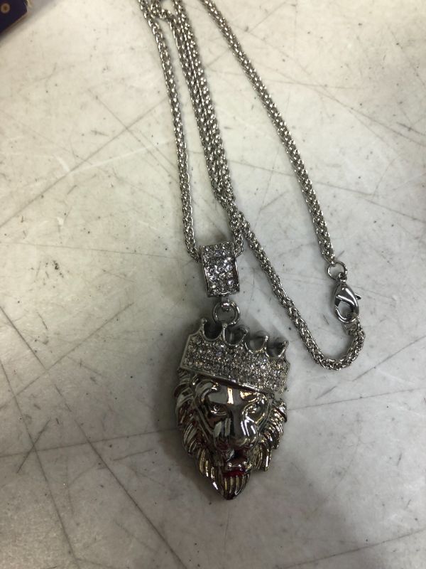 Photo 2 of Hip Hop Jewelry Crown Lion Head Pendant Iced Out Clear Rhinestones Curb Cuban Chain Stainless Steel Necklace