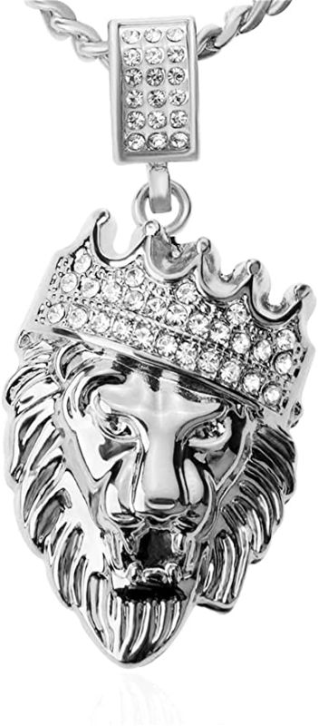 Photo 1 of Hip Hop Jewelry Crown Lion Head Pendant Iced Out Clear Rhinestones Curb Cuban Chain Stainless Steel Necklace