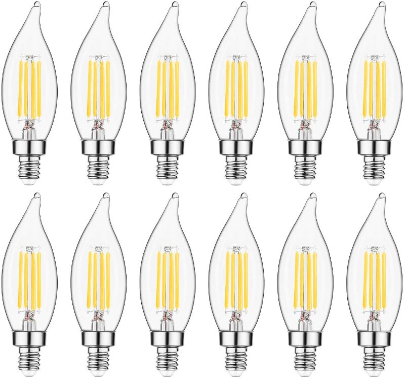 Photo 1 of E12 LED Bulb Candelabra Base 60 watt LED Chandelier Light Bulbs Dimmable, Flame Tip Candelabra LED Bulbs, 4.5W, 500LM 2700K Warm White, CA10 Candle Light Bulbs, 12 Packs
