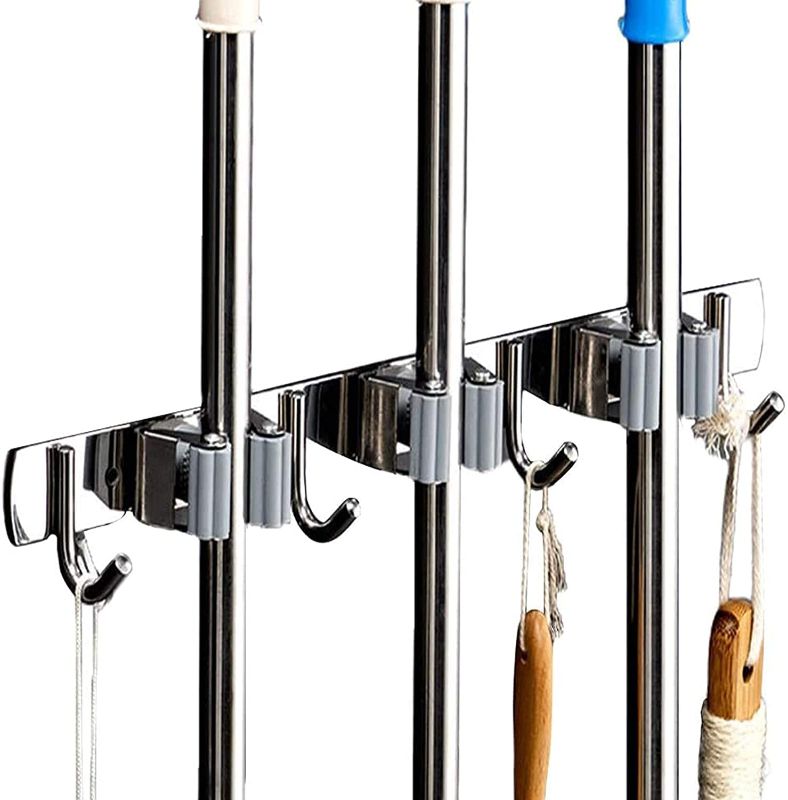 Photo 1 of Broom Mop Holder, Wall Mounted Heavy Duty Hooks, Stainless Steel Organizer for Home Kitchen Garden Garage, 3 Racks 4 Hooks, Gray