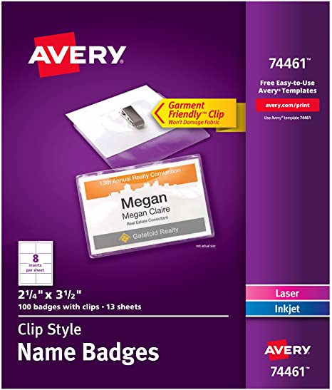Photo 1 of Avery Clip Name Badges, Print or Write, 2-1/4" x 3-1/2", 100 Inserts & Badge Holders with Clips (74461)