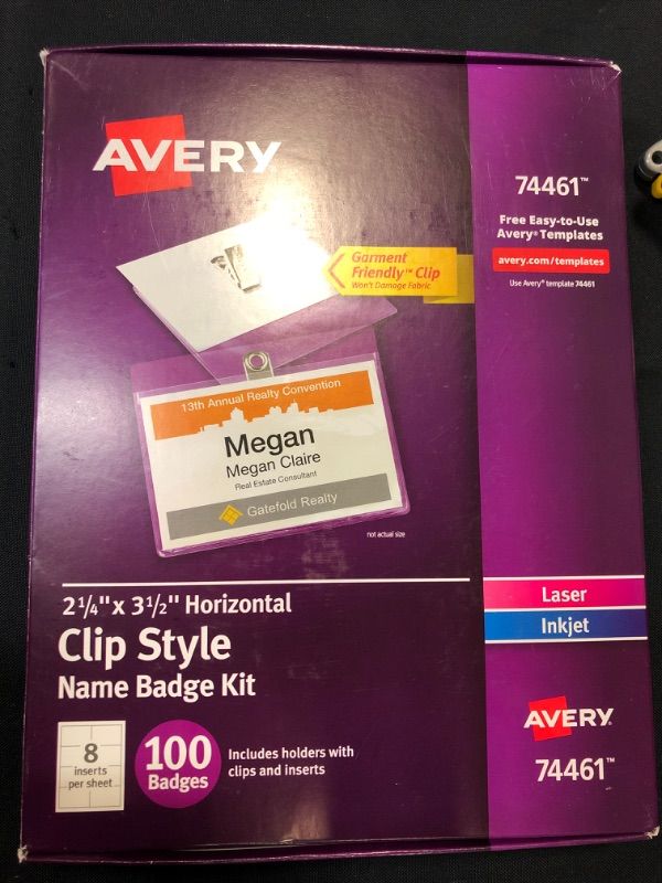 Photo 3 of Avery Clip Name Badges, Print or Write, 2-1/4" x 3-1/2", 100 Inserts & Badge Holders with Clips (74461)