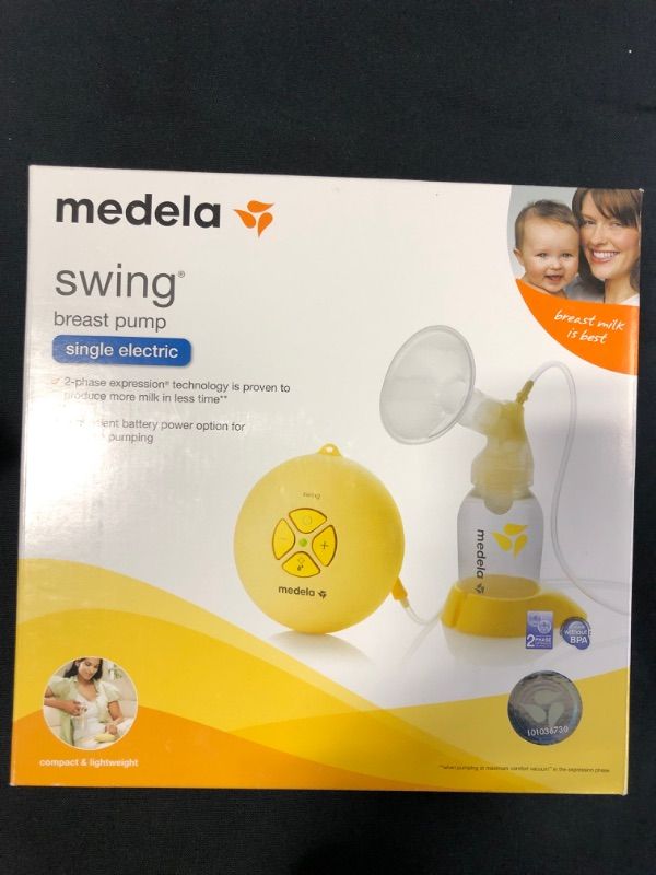 Photo 1 of Medela, Swing, Single Electric Breast Pump, Compact and Lightweight Motor, 2-Phase Expression Technology, Convenient AC Adaptor or Battery Power, Single Pumping Kit, Easy to Use Vacuum Control