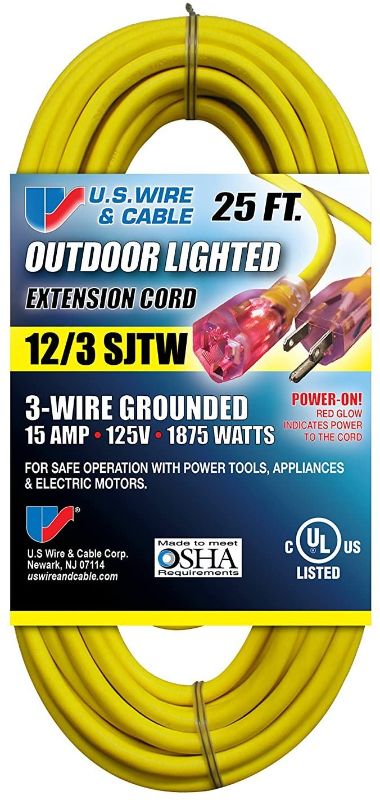 Photo 1 of US Wire 74025 12/3 SJTW 3-Wire Grounded Yellow Vinyl Cord with Illuminated Plugs (25-Feet) Bundle (2 Items)
