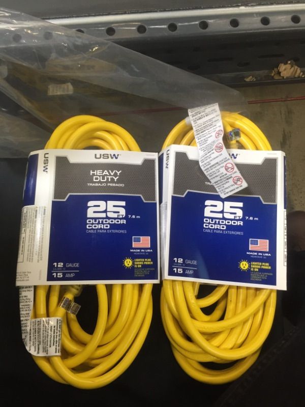 Photo 2 of US Wire 74025 12/3 SJTW 3-Wire Grounded Yellow Vinyl Cord with Illuminated Plugs (25-Feet) Bundle (2 Items)
