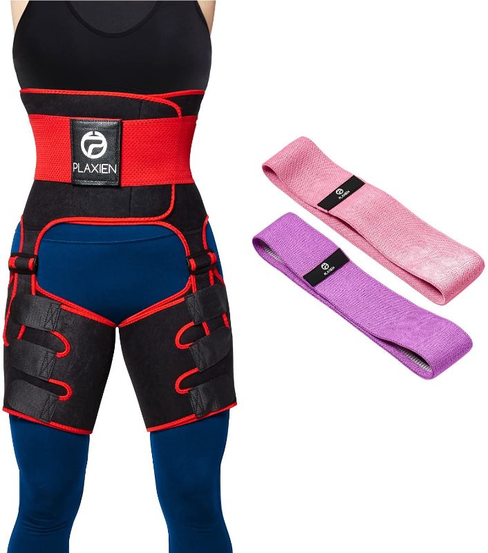 Photo 1 of Plaxien 3-in-1 Waist Trainer - 2 Resistance Bands Included - Body Shaper, Weight Loss, Exercise, Stretching, Leg, Thigh Trimmer - 100% Neoprene - Compression Support, Adjustable Straps - Red, Medium
