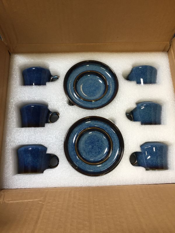 Photo 2 of Ceramics Espresso Cups with Saucers Reactive Glaze Mugs Set of 6 Dark Blue 3.7OZ (100ML)
