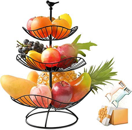 Photo 1 of 3 Tier Fruit Basket Bowl for Kitchen,Fruit Holder Stand for Counter,Farmhouse Black Detachable Metal Large Rustic Fruit Tray Storage Organizer for Vegetables Bread Snacks with 2 Fruit Peelers

