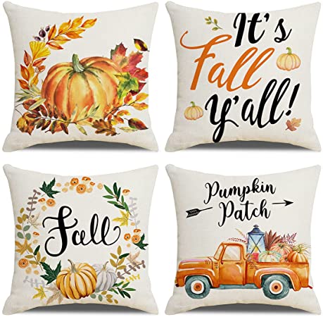 Photo 1 of Fall Decor Pillow Covers 18x18 Set of 4 Pumpkin Maple Leaves Outdoor Autumn Decorations Throw Pillows Farmhouse Thanksgiving Decorative Cushion Case for Couch (Fall)

