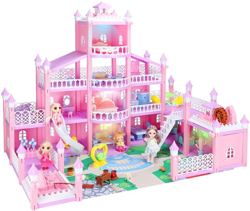 Photo 1 of Dream House Doll House Kit, Dollhouse with LED Lights , 4 Floors with 3 Dolls/Doll Accessories /Pets/Furnitures DIY Pretend Play Large Doll House Building Toys Playset House, Gift for Girls Toddlers NO. 388-38.
