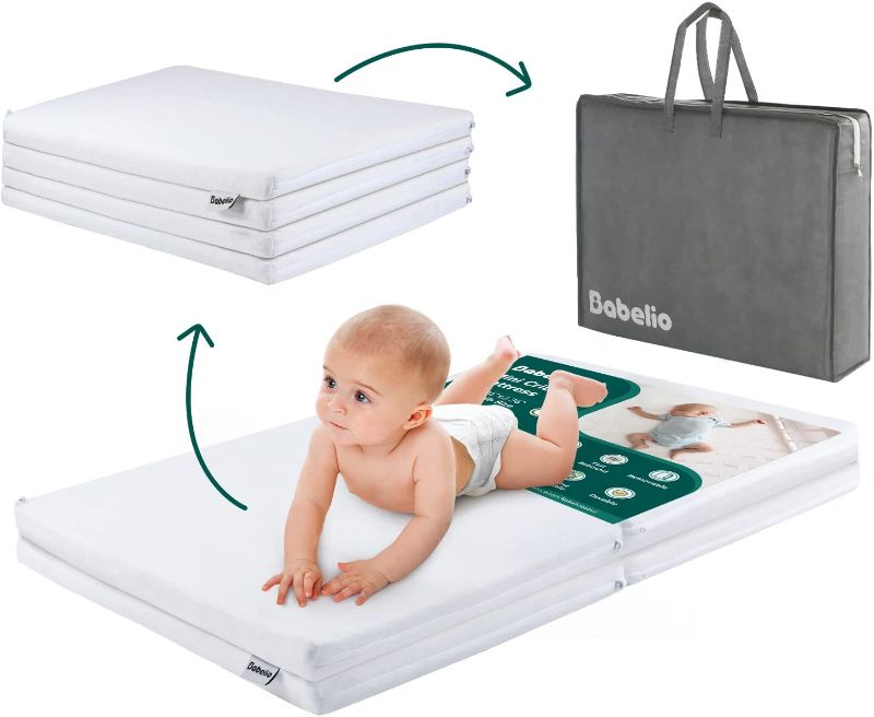 Photo 1 of Babelio Pack n Play Mattress Pad, Quatro-fold Mini Crib Mattress, Portable Foldable Pack and Play Mattress/Baby Play Mat/Playpen Mattress 3 in 1 (Travel Bag Included) 38" x 26"
