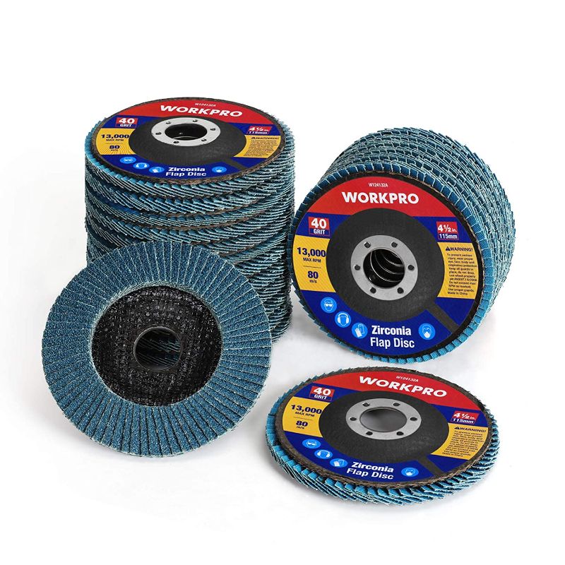 Photo 1 of WORKPRO 20-Pack Flap Discs, 4-1/2-inch, Arbor Size 7/8-inch, T29 Zirconia Abrasive Grinding Wheel and Flap Sanding Disc, Includes 40/60/80/120 Grits
