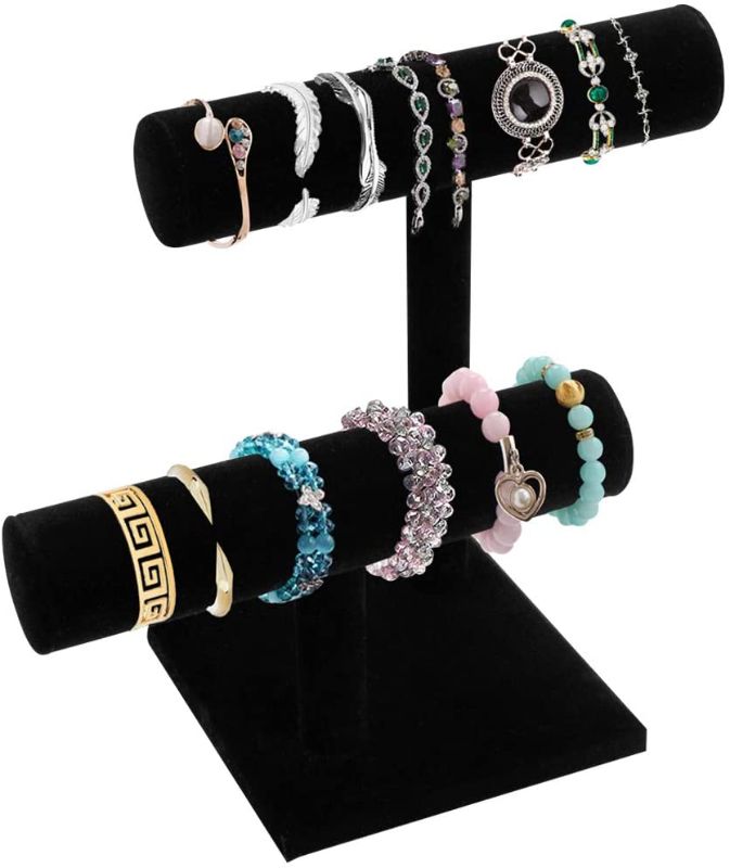 Photo 1 of 2 Tier Black Velvet T-Bar Bracelet Watch Jewelry Stand Display (Black)
