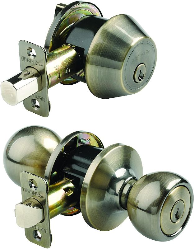 Photo 1 of Brinks 2108-109 Ball Style Keyed Alike Entry Knob and Deadbolt, Antique Brass
