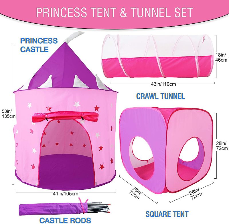 Photo 1 of Gift for Girls, Princess Tent with Tunnel, Kids Castle Playhouse & Princess Dress up Pop Up Play Tent Set, Toddlers Toy Birthday Gift Present for Age 3 4 5 6 7 Years, Glow in The Dark Stars, Indoor
