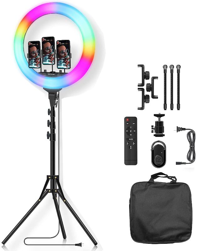 Photo 1 of 18'' LED Ring Light with Tripod Stand: RGB Color Dimmable Remote Control Photography Circle Lights with Camera Mount & 3 Phone Holder for TIK Tok YouTube Video Filming Makeup Selfie Lighting MISSING REMOTE AND ONE PHONE HOLDER
