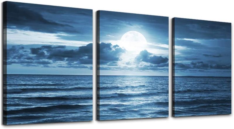 Photo 1 of 3 Piece Canvas Wall Art for living room - blue sea view The moon Landscape - Modern Home Decor Room Stretched and Framed Ready to Hang - 16"x24"x3 Panels ocean

