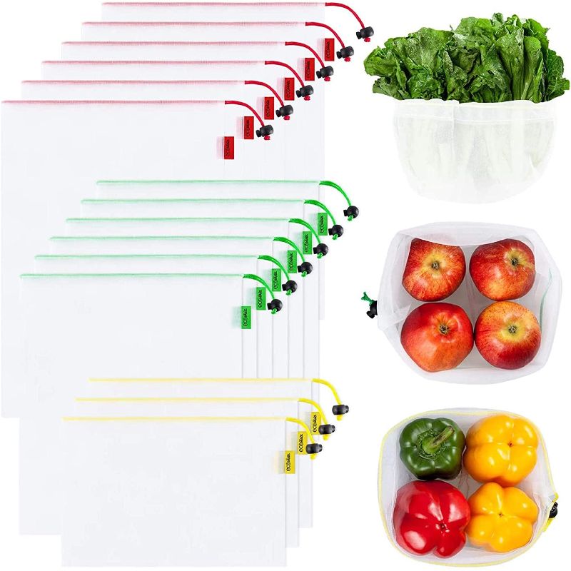 Photo 1 of Ecowaare Set of 15 Reusable Mesh Produce Bags - Eco-Friendly - Washable and See-Through - with Colorful Tare Weight Tags - 3 Sizes
