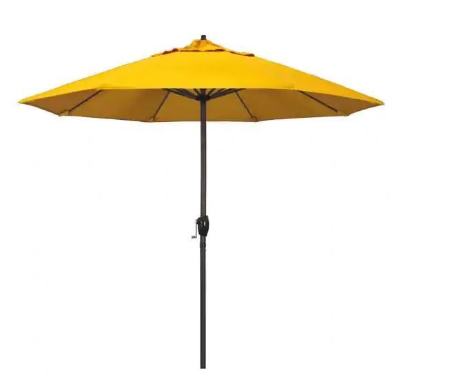 Photo 1 of 9 ft. Bronze Aluminum Pole Market Aluminum Ribs Auto Tilt Crank Lift Patio Umbrella in Sunflower Yellow Sunbrella
