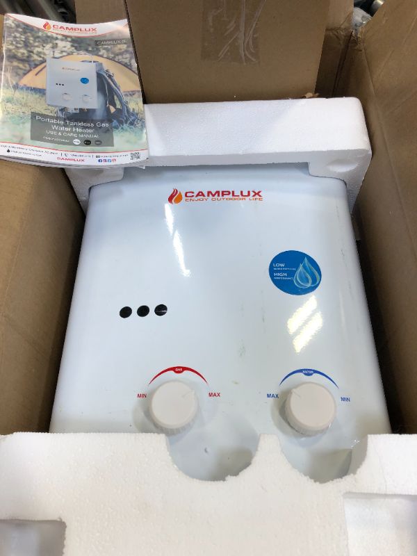 Photo 2 of CAMPLUX ENJOY OUTDOOR LIFE 5L 1.32 GPM Outdoor Portable Propane Tankless Water Heater, White, (AY132)
