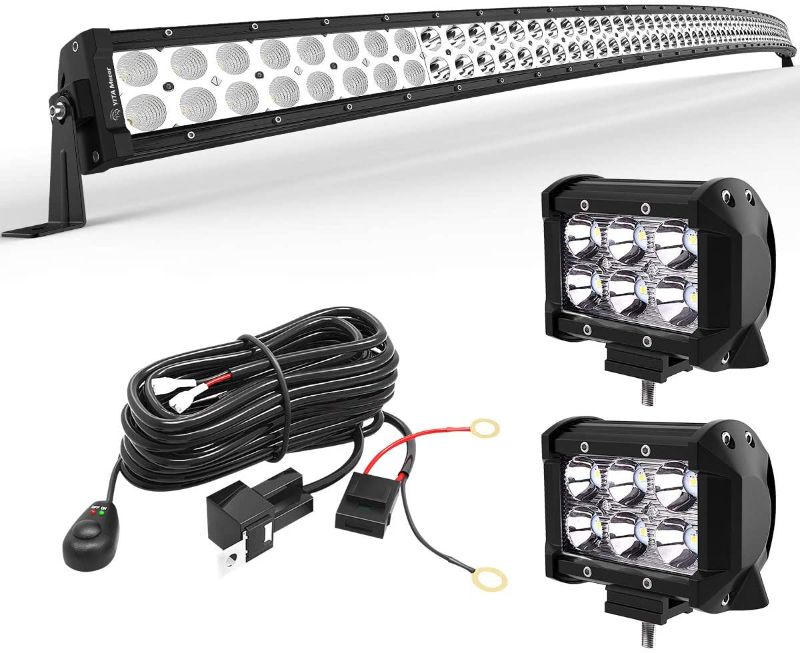 Photo 1 of YITAMOTOR LED Light Bar 52 inches Curved Light Bar Combo & 2pc 18W LED Spot Pods Light & 12V Switch on&Off Wiring Harness Compatible for Jeep, Pickup, SUV, Boat, Truck, 4x4, 4WD, IP68 Waterproof
