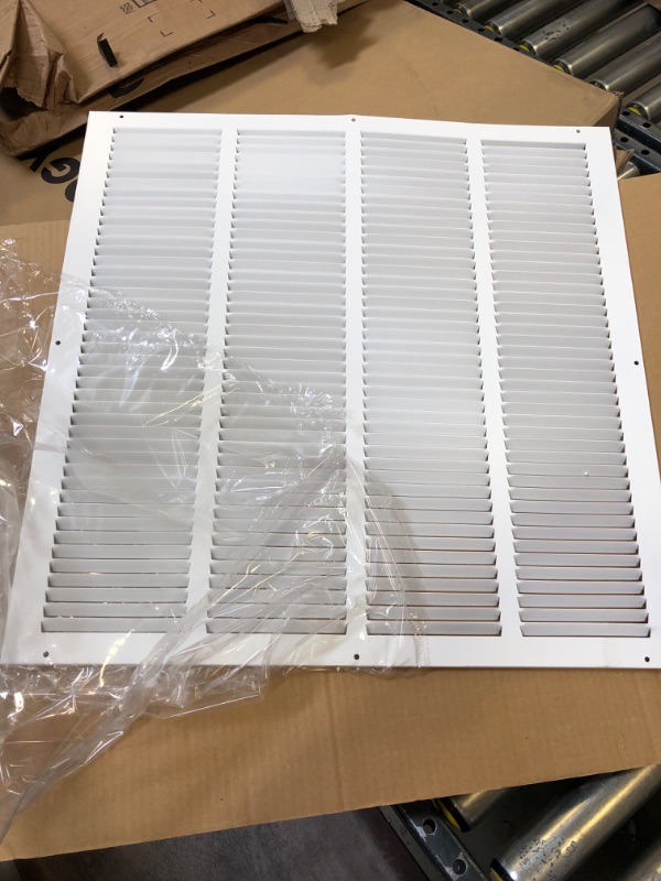 Photo 2 of 24" X 24" Adjustable AIR Supply Diffuser - HVAC Vent Cover Sidewall or Ceiling - Grille Register - High Airflow - White [Outer Dimensions: 25.75" w X 25.75" h]
(BENT ON SIDE)
