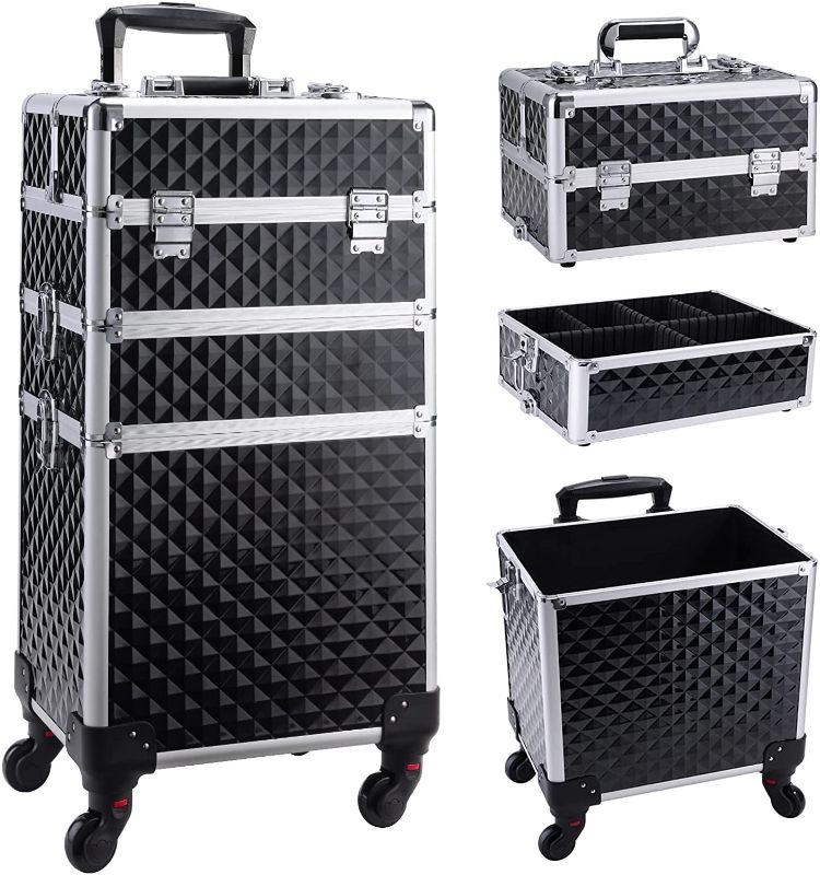 Photo 1 of 3 in 1 Rolling Makeup Train Case Professional Cosmetic Trolley Large Storage with Keys Swivel Wheels , Vintage Black
(LIKE NEW)