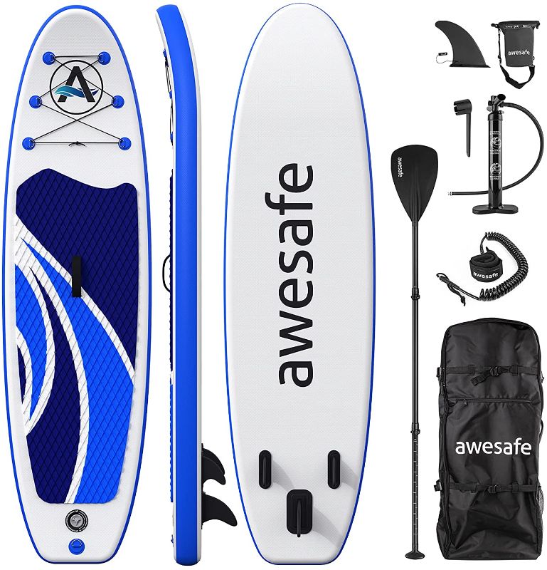 Photo 1 of awesafe Inflatable Stand Up Paddle Board 10'x32''x6'' SUP with ISUP Accessories Backpack, Fin, Paddle, Double Action Pump, Leash, Waterproof Bag for Youth & Adult
