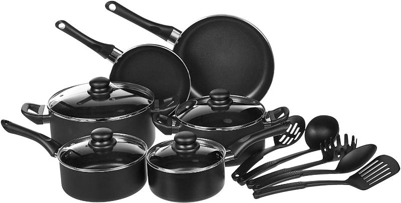 Photo 1 of Amazon Basics Non-Stick Cookware Set, Pots, Pans and Utensils - 15-Piece Set
