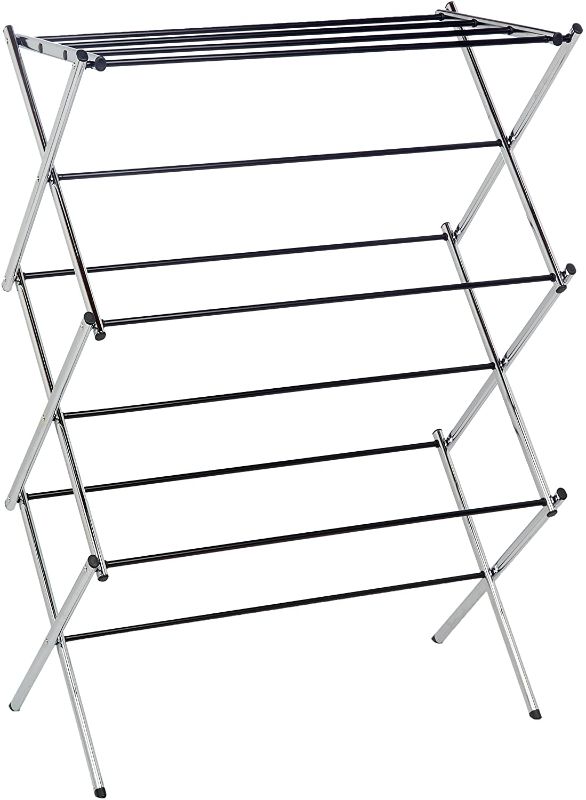 Photo 1 of Amazon Basics Folding Laundry Rack for Air Drying Clothing, Rust-Resistant Steel Supports 32Lbs - 41.8"H x 29.5"W, Chrome
