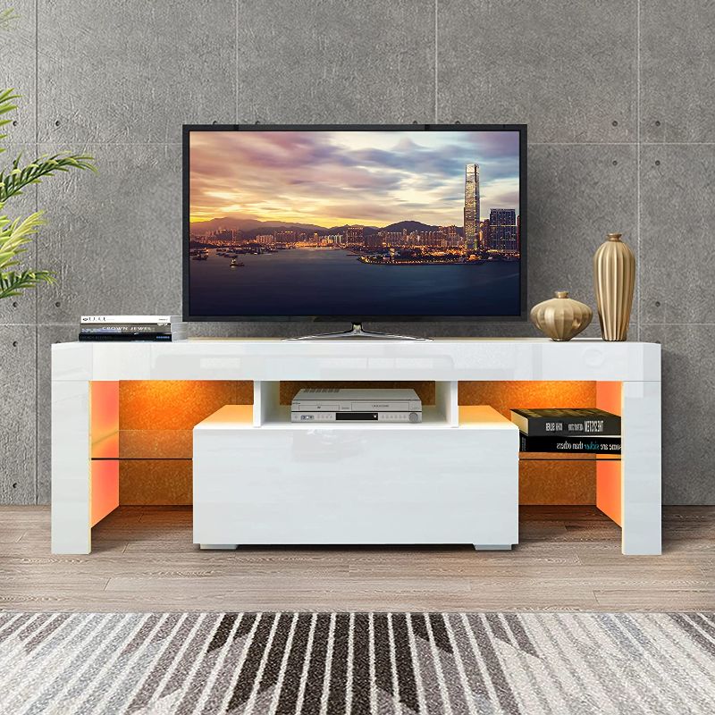 Photo 1 of DMAITH TV Stand with LED Lights, 1 Drawer and Open Shelves High Gloss Entertainment Center Media Console Table Storage Desk for Up to 60 Inch TV, 002W
