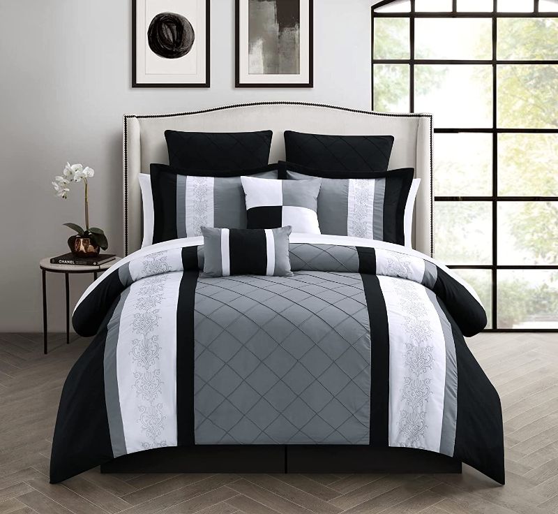 Photo 1 of Chic Home 8-Piece Embroidery Comforter Set, Queen, Livingston Black
