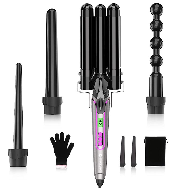 Photo 1 of 4 in 1 Curling Wand Set, LISHIVE Curling Iron Set Hair Wand Curler, 3 Barrel Curling Iron with Interchangeable Ceramic Barrels, Dual Voltage & LCD Display & Temp Adjustment
