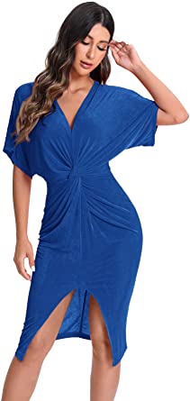 Photo 1 of Floerns Women's Short Sleeve V Neck Twist Front Split Midi Dress Royal Blue Solid LARGE