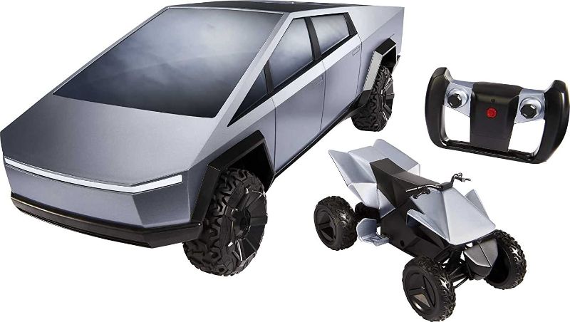 Photo 1 of Hot Wheels R/C 1:10 Tesla Cybertruck Radio-Controlled Truck & Electric Cyberquad, Custom Controller, Speeds to 12 MPH, Working Headlights & Taillights, for Kids & Collectors

