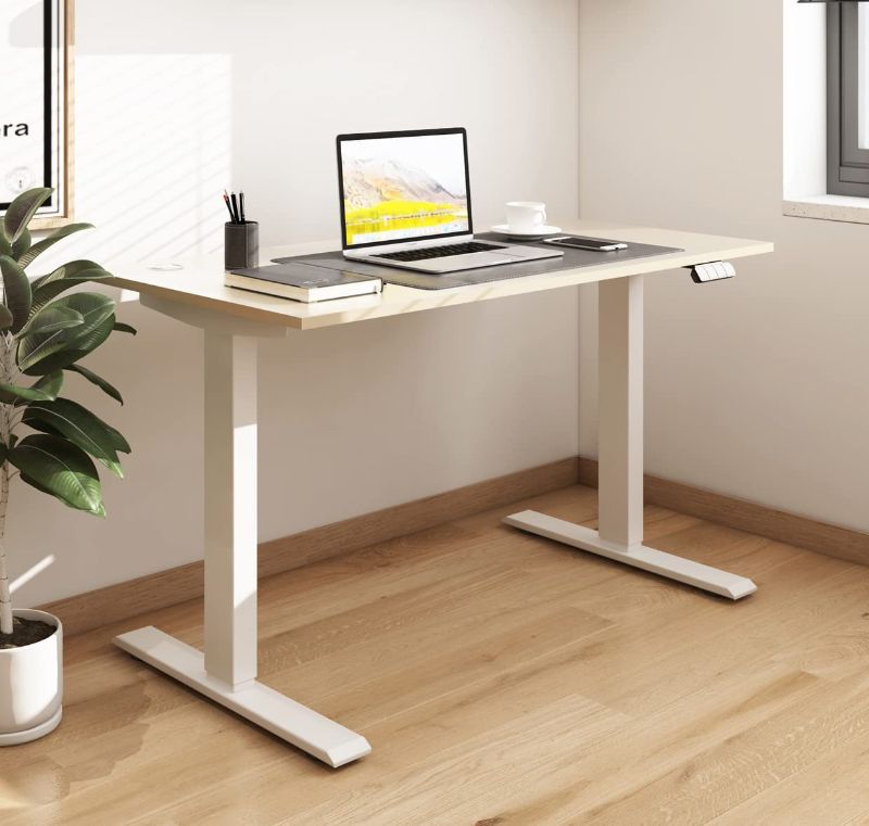 Photo 1 of Sunon Dual Motor Sit Stand Desk 48 x 24 Inches Height Adjustable Desk, Electric Standing Desk with 3 Memory Preset Controller Whole Piece Desk Board (Light Oak Tabletop+White Frame)---SMALL CHIP ONM BOTTOM CORNER---
