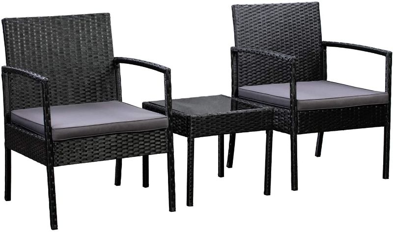 Photo 1 of Amazon Basics Outdoor Patio Garden Faux Wicker Rattan Chair Conversation Set with Water Resistant Cushion - 3-Piece Set, Black---BOX IS DAMAGED---
