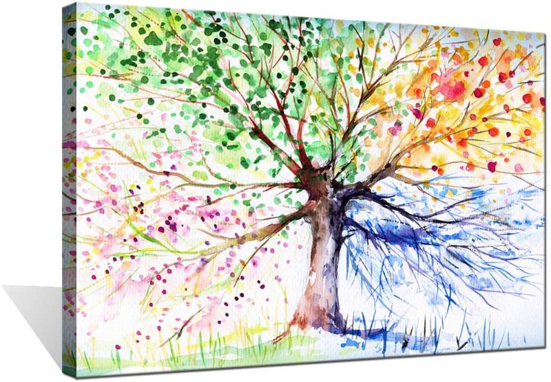 Photo 1 of Biuteawal - Colorful Seasons Tree of Life Canvas Print Paintings Wall Art 24"x36" ---WOOD FRAME CHIPPED ON BACK CAUSING EDGE TO BENT AND CORNER TO BE WARPED---