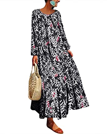 Photo 1 of kenoce Women Casual Loose Dress Vintage Cotton Linen Dresses Long Sleeve Maxi Dress Oversize Printed Autumn---XL---
