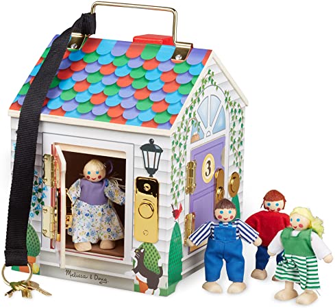 Photo 1 of Melissa & Doug Take-Along Wooden Doorbell Dollhouse - Doorbell Sounds, Keys, 4 Poseable Wooden Dolls
