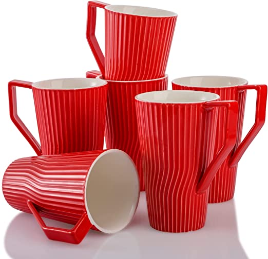 Photo 1 of AVLA Ceramic Coffee Mugs Set of 6, 14 Ounce Porcelain Fluted Mugs Tall Tea Cup, Nordic Minimalist Striped Mug with Geometric Handle for Coffee, Tea, Hot Chocolate, Cappuccino, Latte, Red
