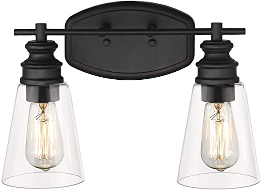 Photo 1 of 2-Light Vanity Light, HANASS Bathroom Light Fixtures with Clear Glass in Black Finish, Farmhouse Dimmable Bath Armed Sconce, MBA99987-2
