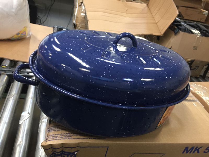 Photo 2 of 18" Traditional Vintage Style Blue Speckled Enamel on Steel Covered Oval Roaster
