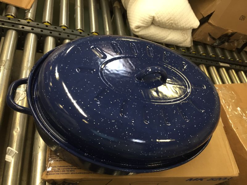 Photo 3 of 18" Traditional Vintage Style Blue Speckled Enamel on Steel Covered Oval Roaster
