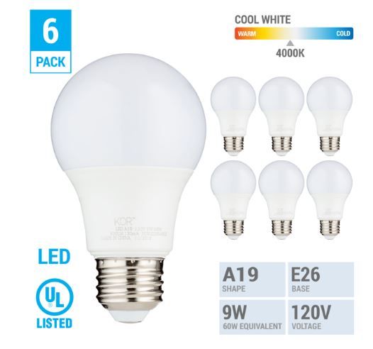 Photo 1 of (6 Pack) KOR K22508 - LED - 9 Watt (60W Equivalent) - 120 Volt - A19 - Medium (E26) - Non-Dimmable - 800 Lumens - UL Listed - 4,000 Kelvin (Cool White)
