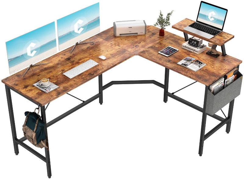 Photo 1 of  Cubiker Modern L-Shaped Computer Office Desk, Corner Gaming Desk with Monitor Stand, Home Office Study Writing Table Workstation for Small Spaces color brown 