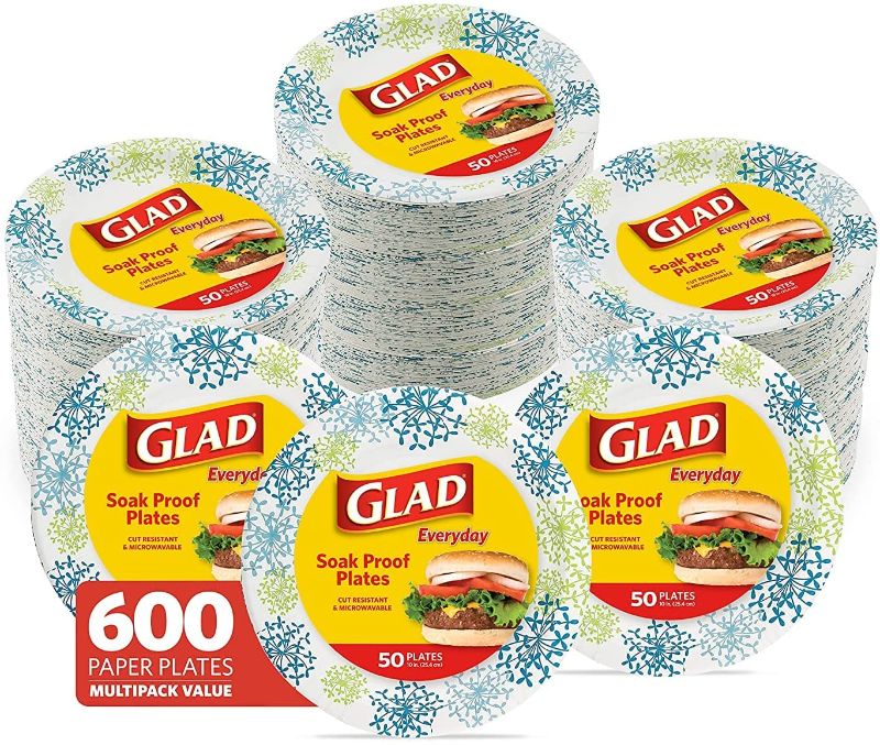 Photo 2 of 12 pack Glad Round Disposable Paper Plates for All Occasions | New & Improved Quality | Soak Proof, Cut Proof, Microwaveable Heavy Duty Disposable Plates | 10" Diameter, 50 Count Bulk Paper Plates